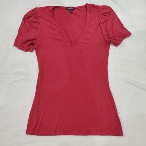 Set Of 3 Tops Express Red/Orange, Black & Green Ribbed V-Neck, Puff Sleeves Med